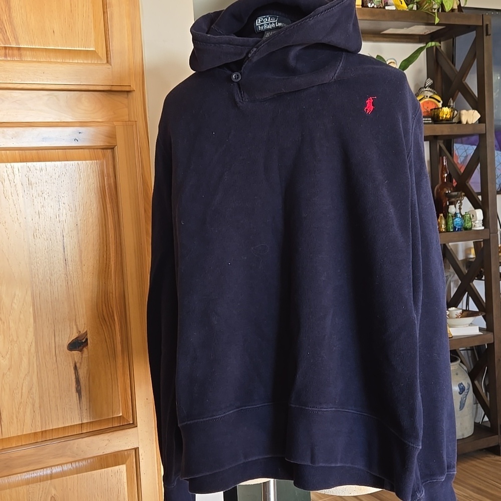 Ralph Lauren Dark Blue Pullover with Red Emblem Shawl Funnel Neck Mens XL Navy